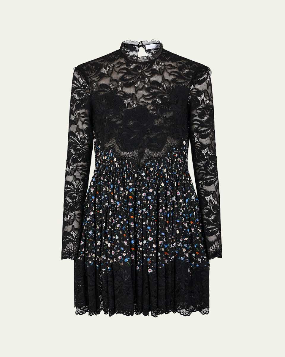 High Neck Lace Long-Sleeve Floral Mini Dress